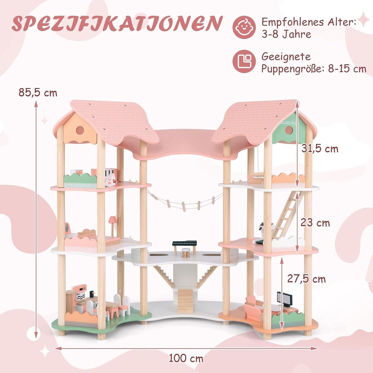 FANTASK dockskåp i trä, 85 cm höjd 7-rumsdockhus med 32 möbler och tillbehör, dockskåp med repstege, dockhuspresent för 3-åriga flickor (modell 3) Naty Shop dockskåp
