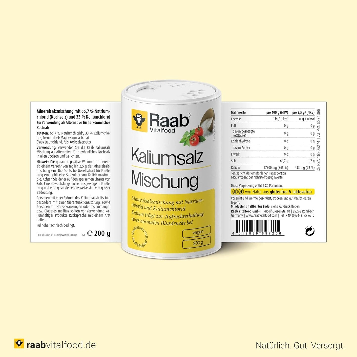 Raab Vitalfood Kalium salt-Mischung, Mineralsalzmischung med 66,7% Natriumchlorid (Kochsalz) och 33% Kaliumchlorid, Kalium trägt zur Aufrechterhaltung eines normalen Blutdruck bei (1 x 200 g Dos)