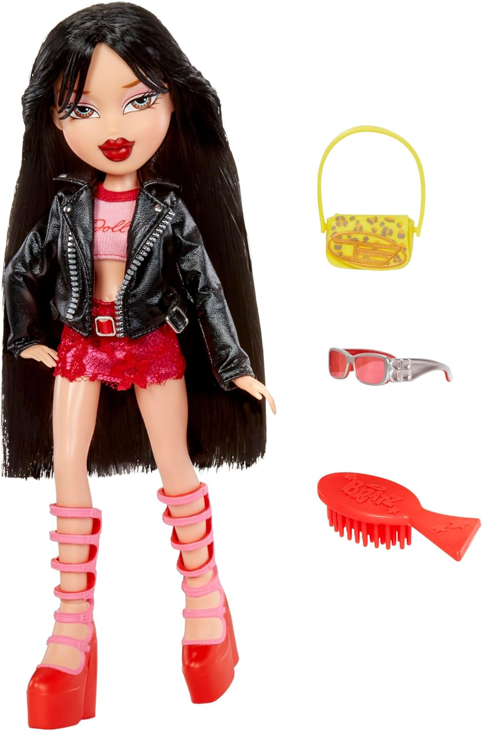 Bratz går ut! - Jade - 1 samlardocka med tillbehör, outfit, väska, solglasögon och borste - Leksak för barn - 6+, Röd