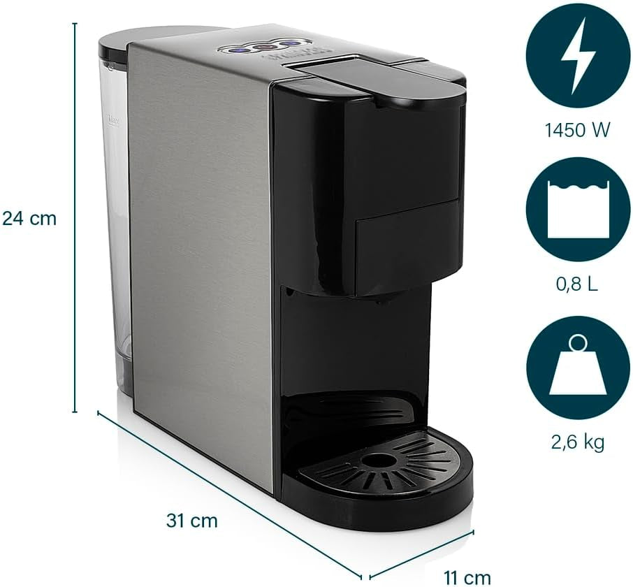 Princess 4 i 1 multikapsel espressomaskin - 1450 watt, kapslar, kapslar, malet kaffe, BPA-fri, 249450, 01.249450.01.001, svart, silver