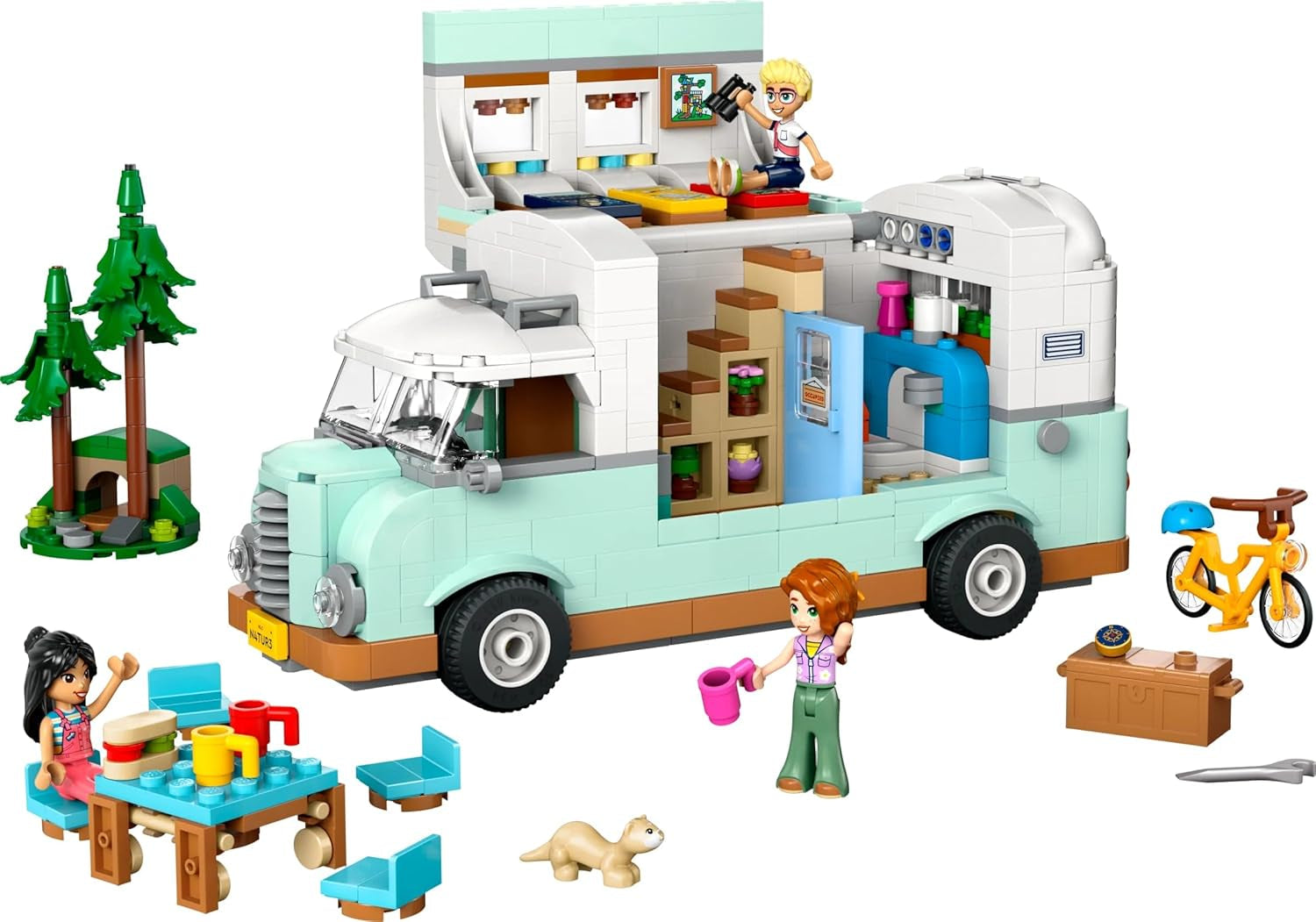 LEGO Friends husvagn, rollspelsbyggsats med leksakskaravan, present till tjejer från 7 år och uppåt, kreativ lekset med 3 minifigurer och illerdjursfigur 42663 Byggset Besuche den LEGO-Store