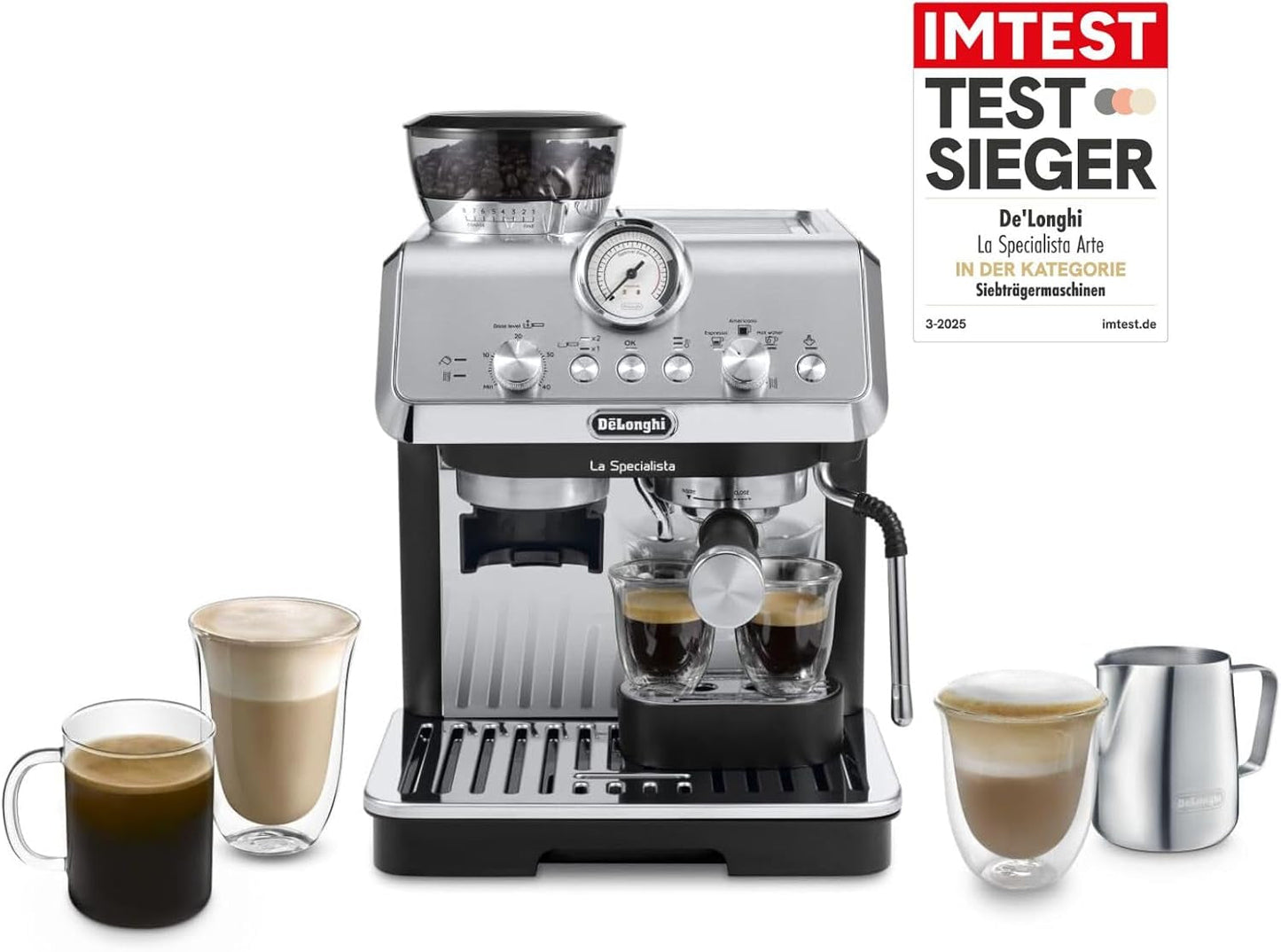 De'Longhi La Specialista Arte EC9155.MB portafilter espressomaskin med kvarn, 8 malinställningar, 15 bar tryck, 3 temperaturinställningar, mjölkskummare, 1550W, 1,7L tank, rostfritt stål/svart, inklusive barista kit