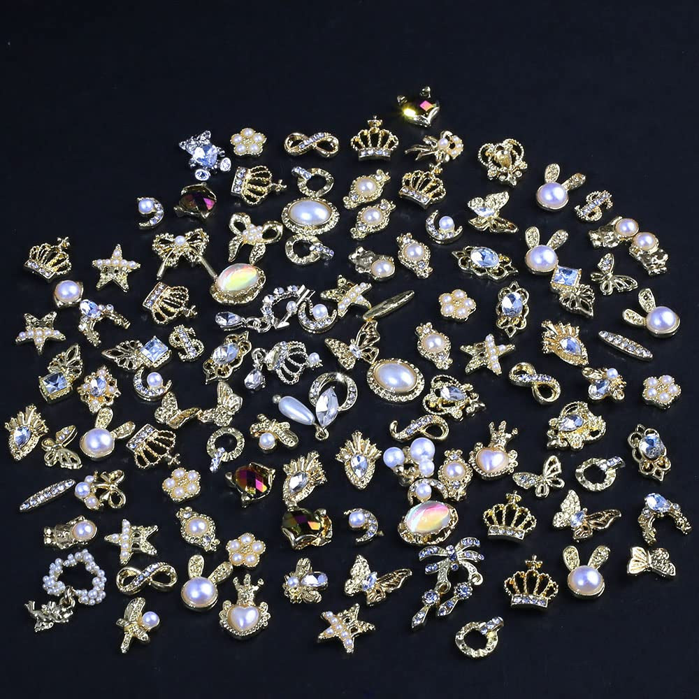 50 Stück Gold Nail Charms, Mix Styles Glitzersteine Nägel Perle Legierung Nagel Steine Blume Schmetterling Strasssteine Nägel Herz Stern Nagel Charms DIY Nail Art Zubehör Frauen Nägel Deko
