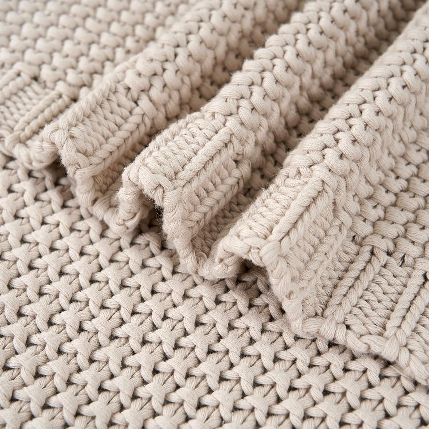 Chunky stickad plädfilt, Lättvikt, Beige, 100 % ekologisk bomull, Filt för soffa, soffa, säng, barn, barnrum, Rustik, Shabby chic, Modern bondgård, 152,4 X 203,2 cm, Inklusive tvättpåse Sängar och filtar Longhui sängkläder