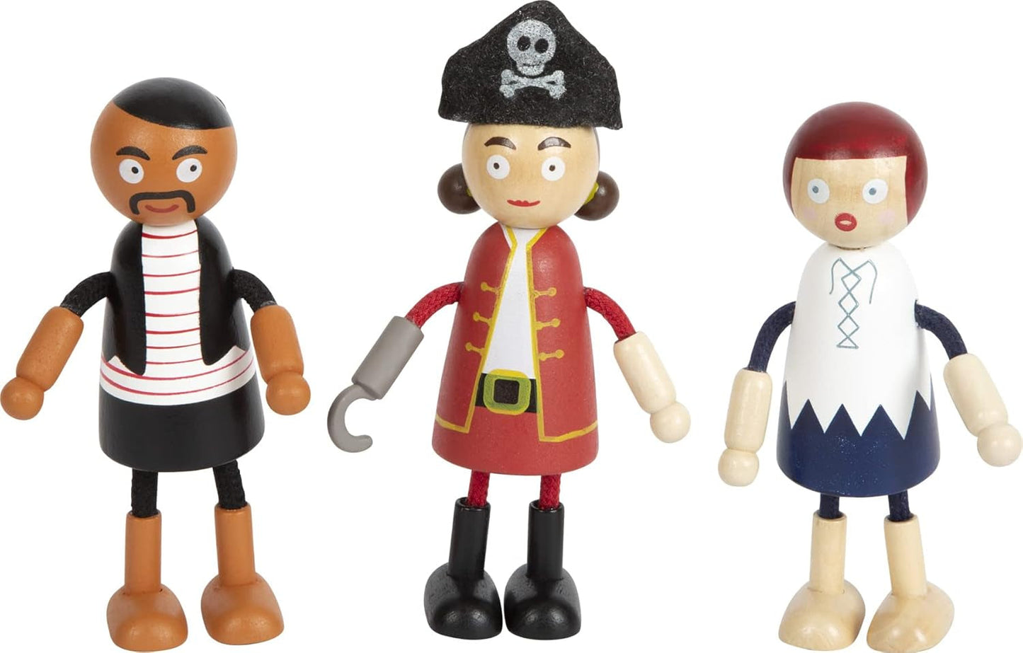 Små fots flexibla piratdockor i trä, 5 pirater och 1 apa, detaljerade och flexibla, 3+, 12412