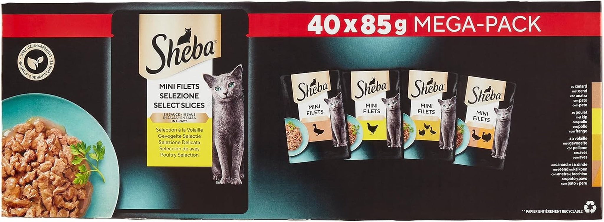 Sheba minifiléer - färska filéer i sås, urval av fjäderfä för vuxna katter - 40 x 85 g