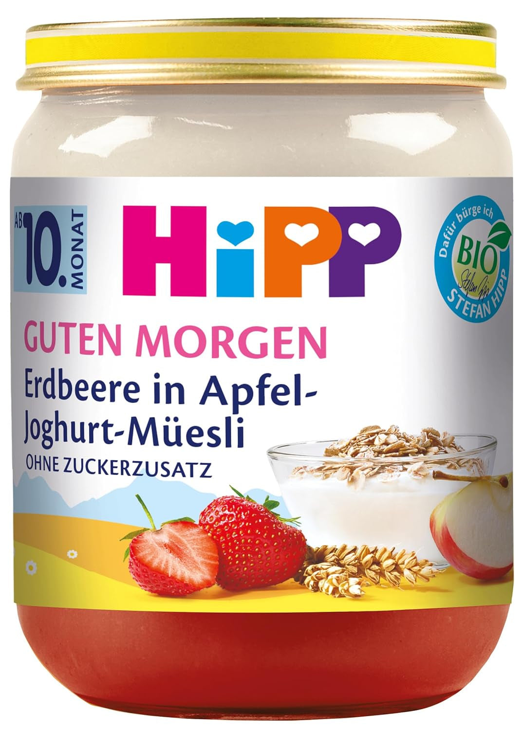 Müsli med yoghurt och äpplen med jordgubbar HiPP Organic Good Morning (6 x 160g), från 10 månader, utan tillsatt socker, med värdefullt kalcium, av bästa ekologiska kvalitet