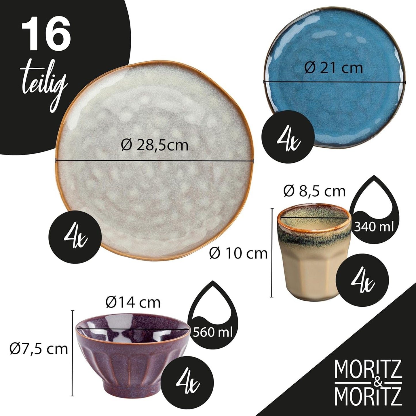 Moritz & Moritz COPA 16-tlg Geschirrset 4 Personen - Elegantes Teller Set från hohrstandigem Steinzeug - Geschirr Set 4 Personen från je 4x Dinnerteller, Dessertteller, Müslischale & Kaffeebecher