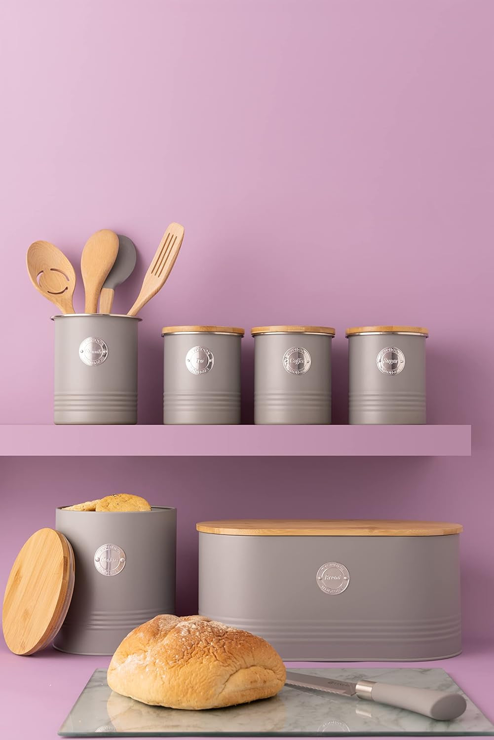 LIVING kollektion, kexburk med lock | pastellgrå | 3,4L förvaringsbox för kakor | kakburk i stål med lock | Bambu lufttäta förvaringsburkar med lock Naty Shop Food förvaringslådor