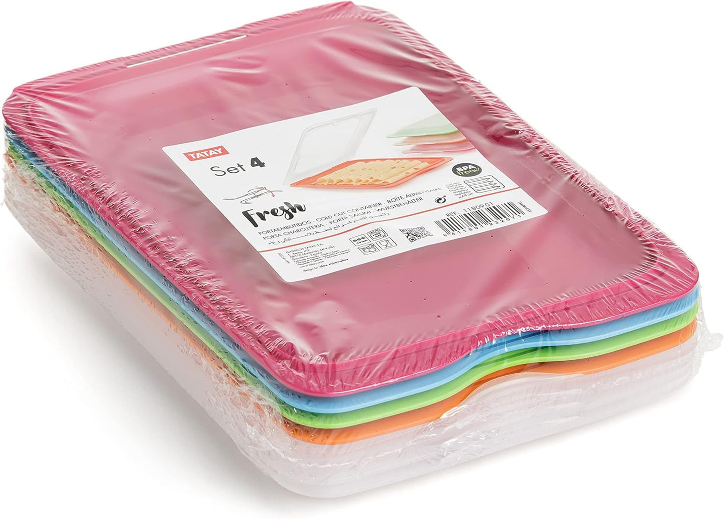 TATAY Fresh Slicer Box Set med 4, BPA-fri, återanvändbar, stapelbar, diskmaskin & MWO, slumpmässiga färger. Mått 17 cm x 3,2 cm x 25,2 cm Naty Shop matförvaringslådor