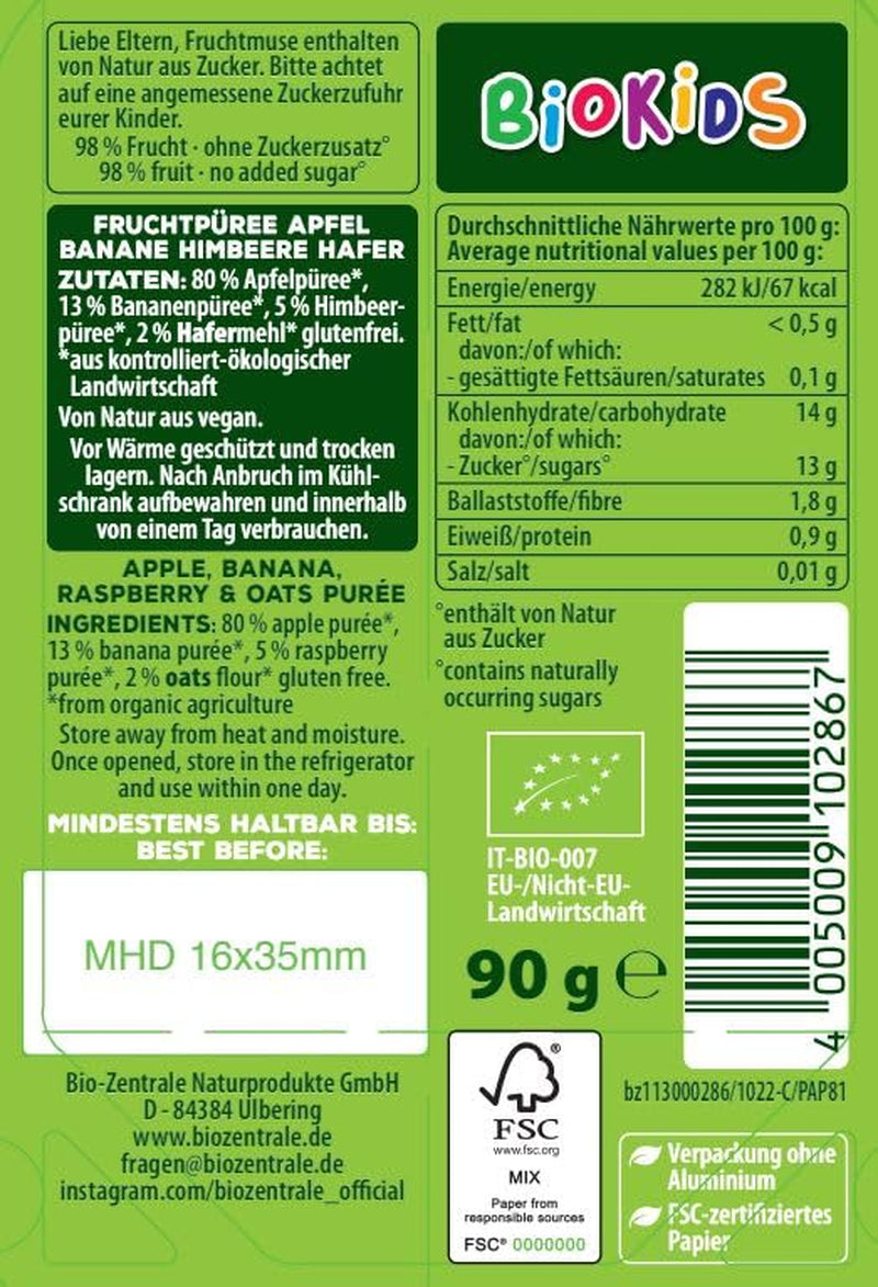 biocentral BioKids Fruktpuré Äpple Banan Hallon Havre | 12 x 90g | Fruktigt mellanmål utan tillsatt socker | Vegansk (paket med 2)