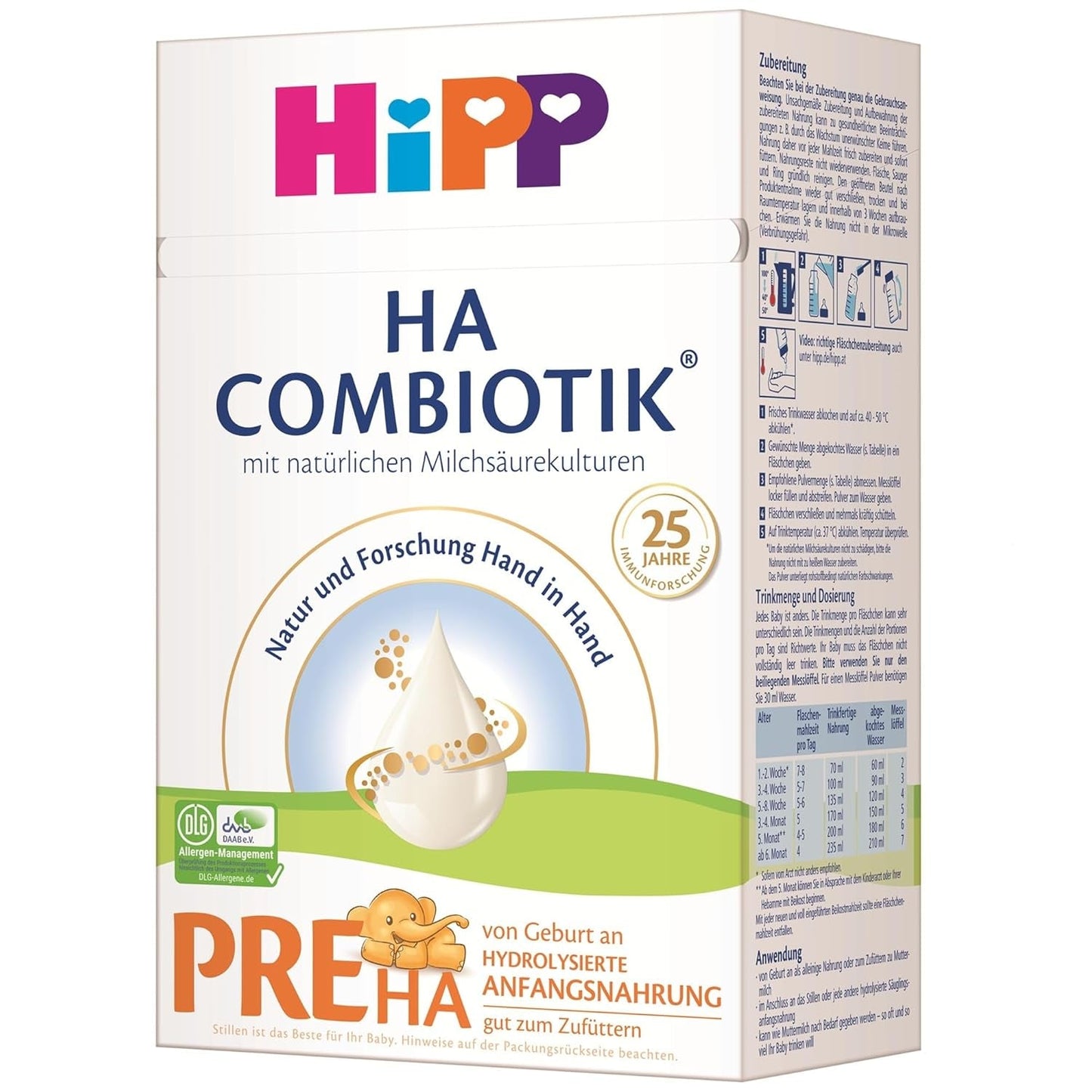 HiPP PRE HA Combiotik (4 x 600 g), hydrolyserad mjölkpulverformel för spädbarn från födseln, med naturliga mjölksyrakulturer, för känsliga immunsystem