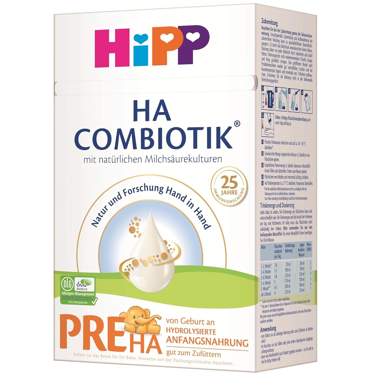 HiPP PRE HA Combiotik (4 x 600 g), hydrolyserad mjölkpulverformel för spädbarn från födseln, med naturliga mjölksyrakulturer, för känsliga immunsystem