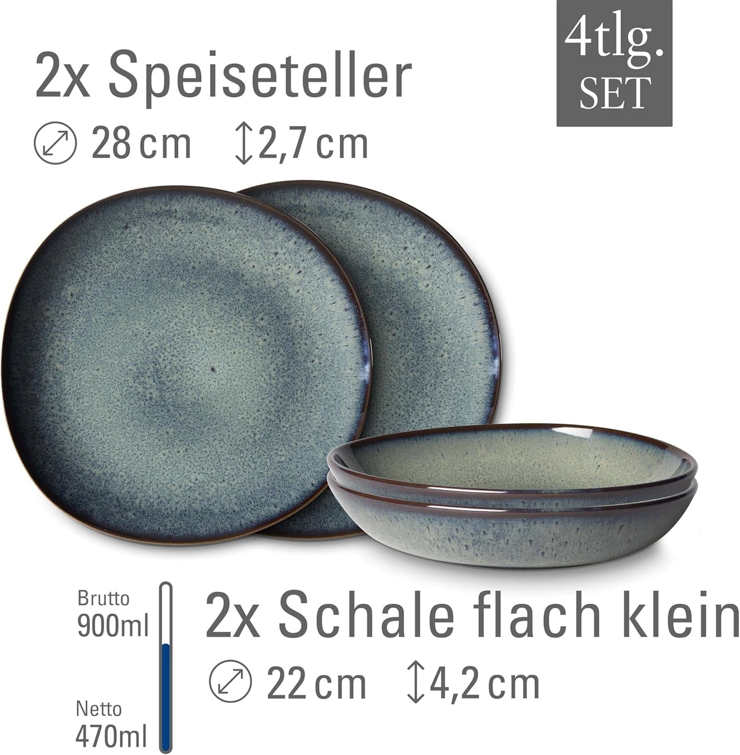 som. de Villeroy & Boch - Lave Gris servisset i stengods, 4 delar, keramiskt utseende, bordsservering för 2, grå