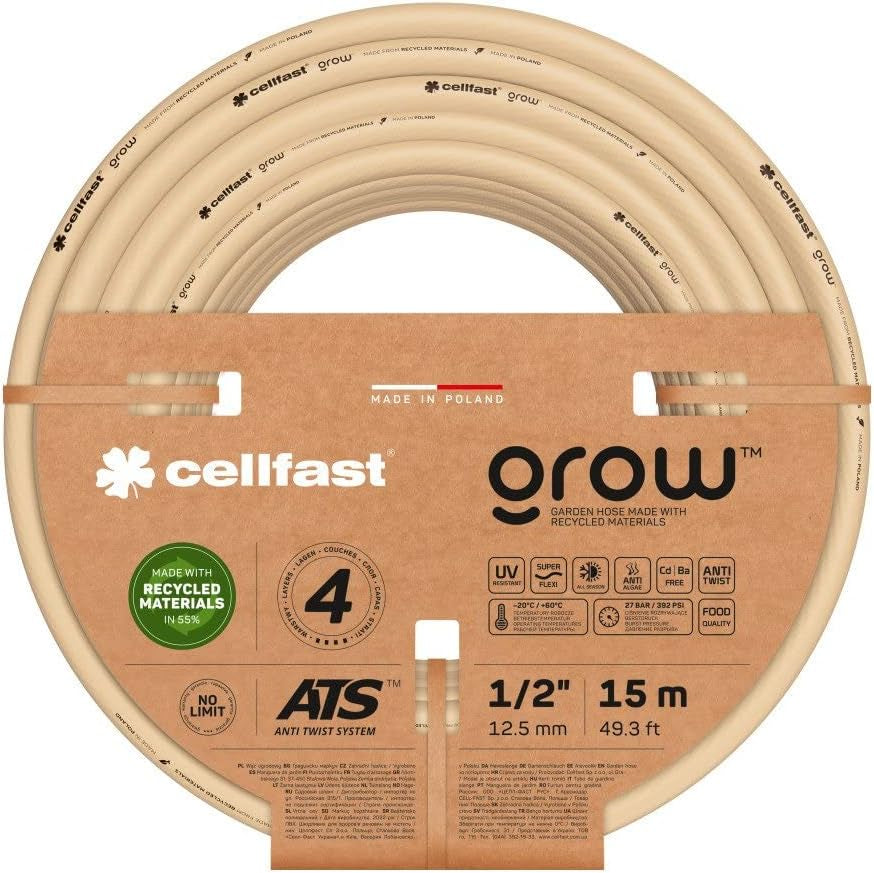 Trädgårdsslang Cellfast GROW, slitstark, flexibel, 4-lagers, slitstark ATS-stickad, UV- och algbeständig, tungmetallfri, 27 bar, -20/+60°C, 1/2" stängning, 15m