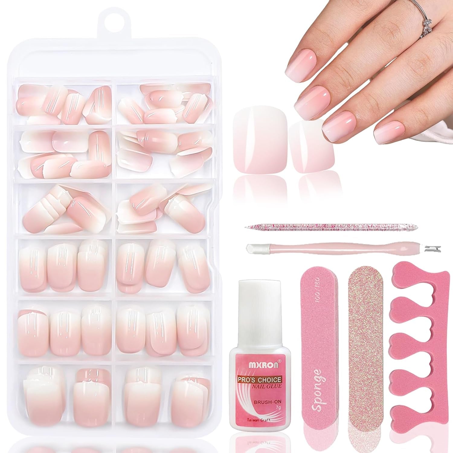 120 st Nakenrosa falska naglar med nagellim - 12 storlekar Kort oval fyrkantig press på naglar - Vackra naglar, limma på konstgjorda naglar - Lämplig för kvinnors DIY-nageldesign (Squaval Pink Gradient)