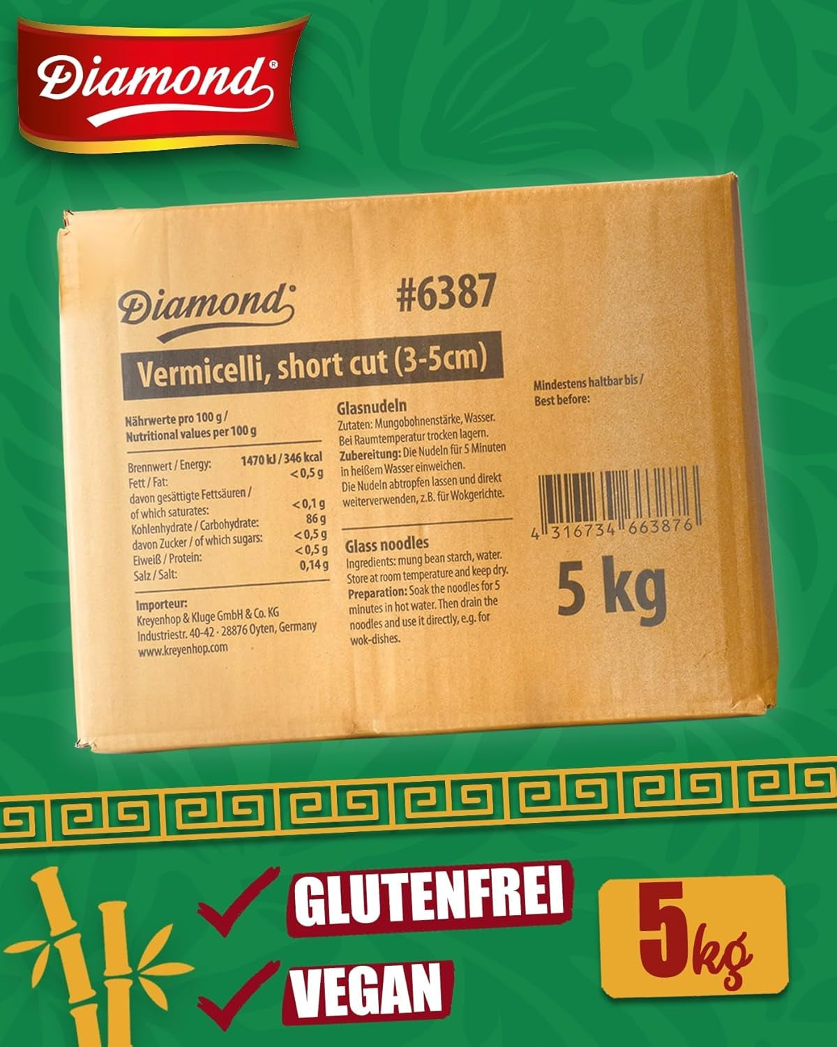 DIAMOND glasnudlar, korta mungbönor stärkelse glasnudlar, naturligt veganska och glutenfria - 1 x 5 kg