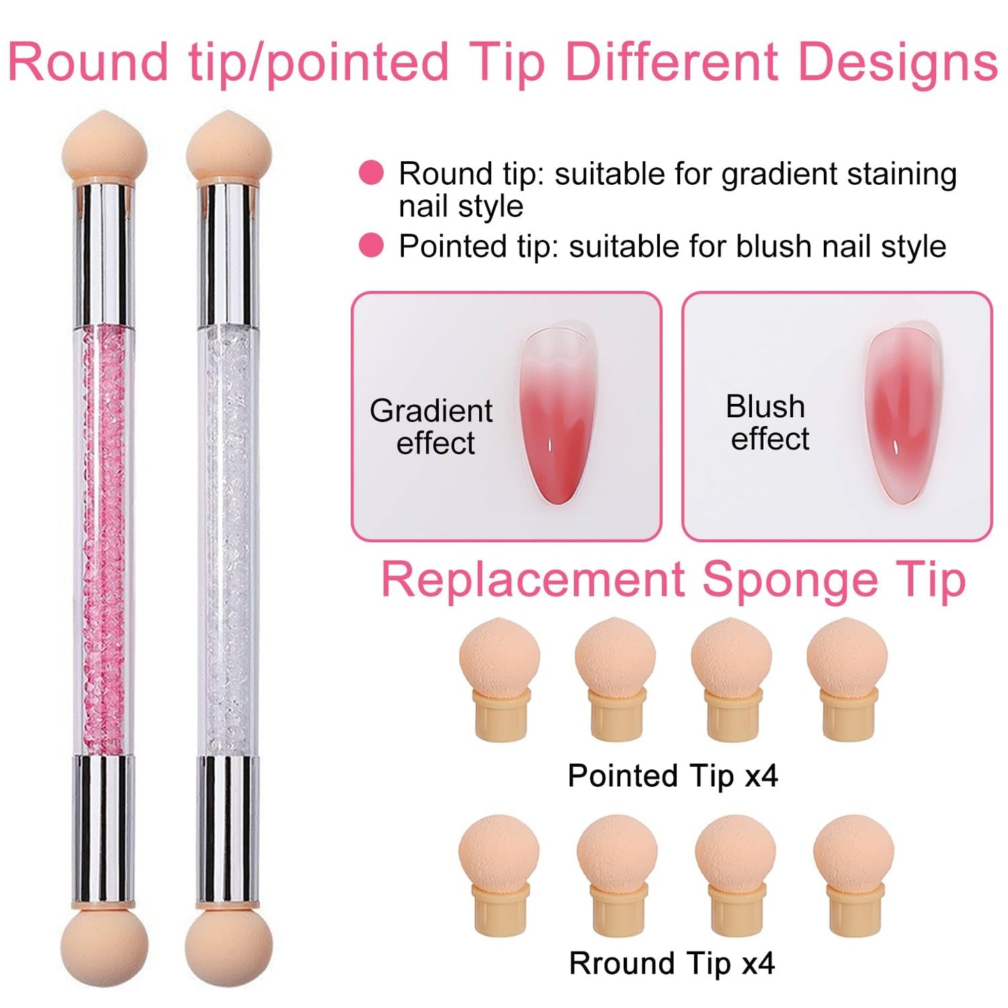 2 Stück Nail Art Rendering-Werkzeuge Doppelter Kopf, Sponge Brush Applicator Inkl 8 Ersatzköpfe, Nail Art Schwamm Und Tupfpinsel(Weiß, Rosa)