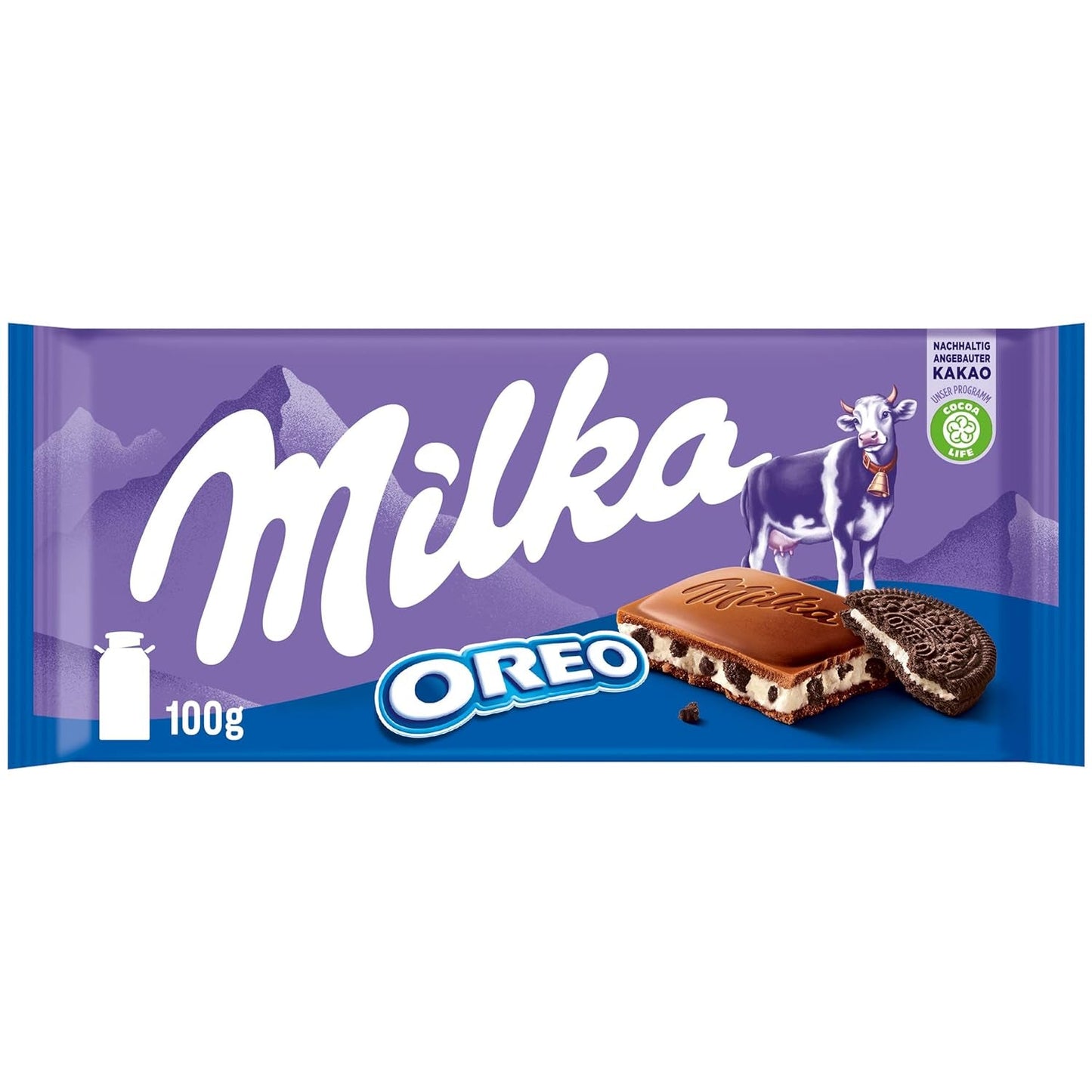 Milka Oreo – alpin mjölkchoklad fylld med knapriga bitar av oreokex och slät vaniljkräm – 100g