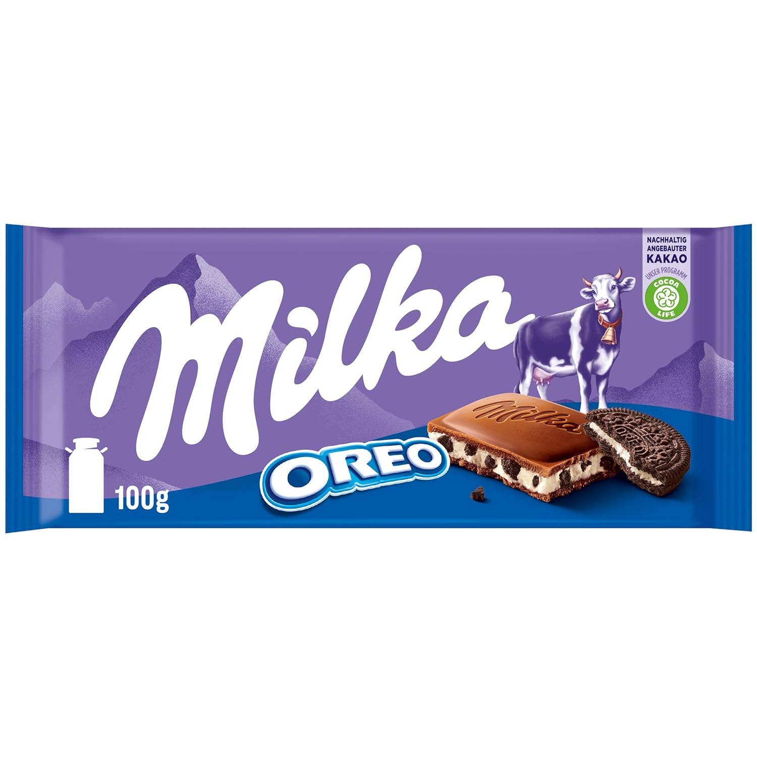 Milka Oreo – alpin mjölkchoklad fylld med knapriga bitar av oreokex och slät vaniljkräm – 100g