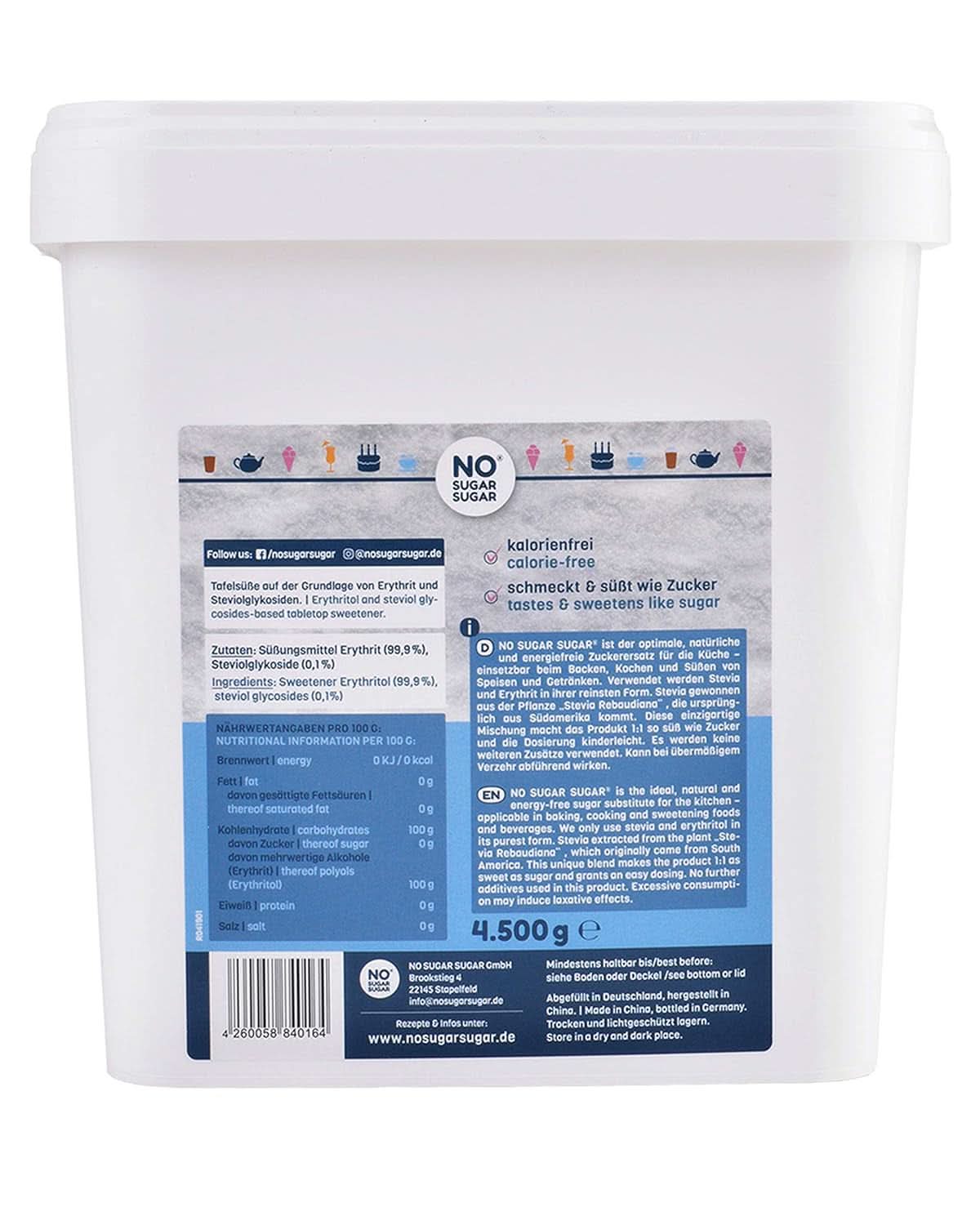 INGET SOCKER, Erythritol + Stevia Naturligt sockerersättning utan kalorier 1:1 sötma jämfört med socker, utan smak, 4,5 kg sötningsmedel Naty Shop