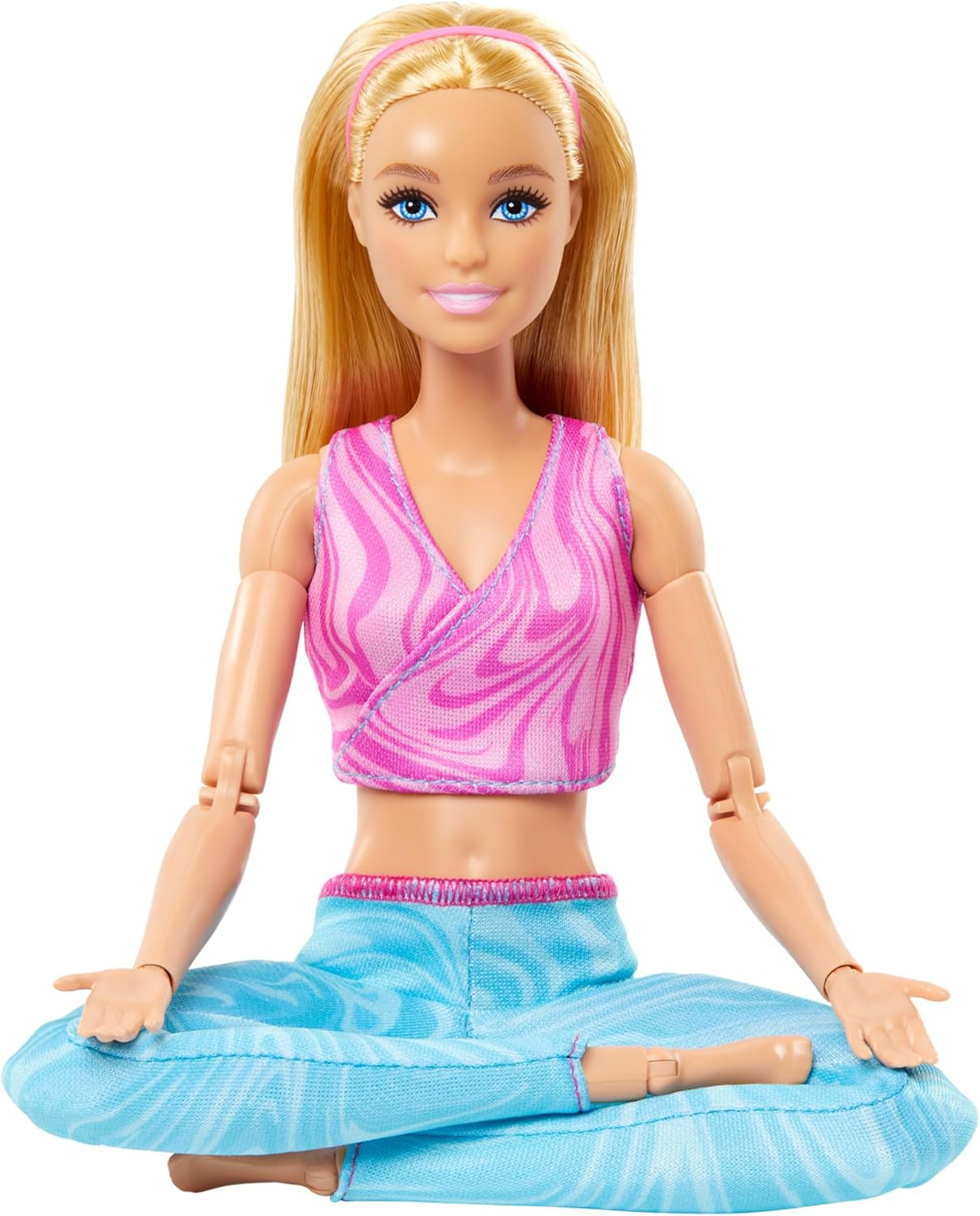 Barbie-tillverkad docka med blont hår, avtagbar rosa sporttopp och blå yogabyxor, 22 leder, HRH27, [Multicolor]