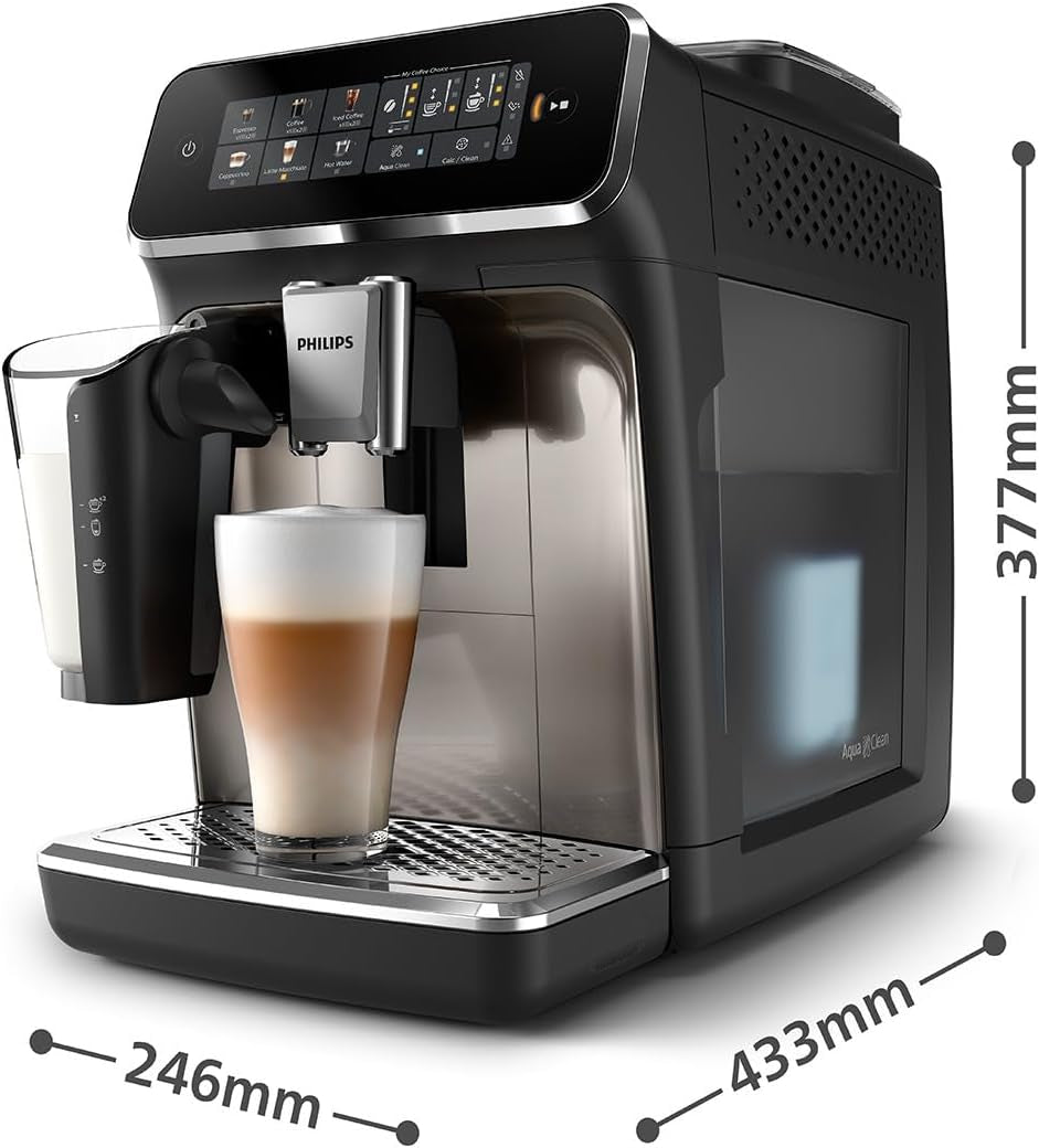 PHILIPS automatisk espressomaskin 3300-serien - 6 drycker, modern färgpekskärm, LatteGo mjölkberedningssystem, SilentBrew, 100% keramisk kvarn, AquaClean-filter. Svart krom (EP3347/90)