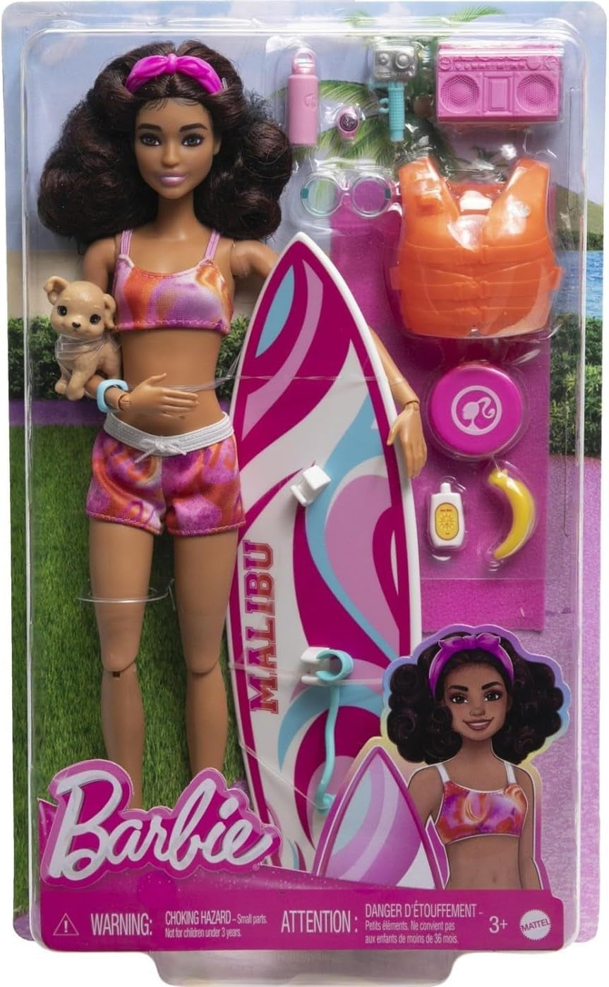 Barbie Surfer Doll med surfbräda och handtag, handduk och radio för strandäventyr och berättelser, klämmor och ankelrem för realistisk surfing, åldrarna 3+ HPL69 Naty Shop Modern Dolls