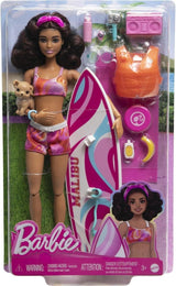 Barbie Surfer Doll med surfbräda och handtag, handduk och radio för strandäventyr och berättelser, klämmor och ankelrem för realistisk surfing, åldrarna 3+ HPL69 Naty Shop Modern Dolls