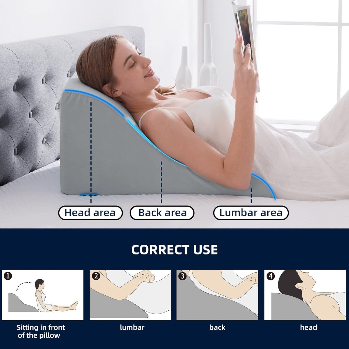 Läskudde för säng och soffa - Memory Foam fjäderkudde - Ergonomisk ryggkudde - Perfekt för att stödja ryggen medan du kopplar av, spelar, läser eller tittar på TV - Bred