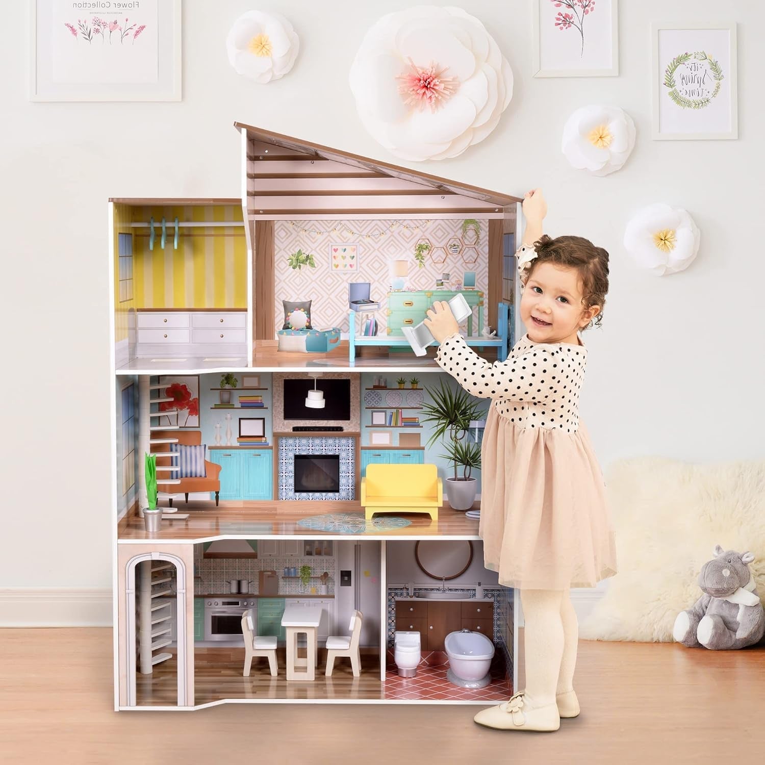 Olivia's Little World Modern medelhavsstil 3-våningars interaktivt dockhus i trä för barn med 17 tillbehör till dockmöbler Flerfärgad TD-13551B