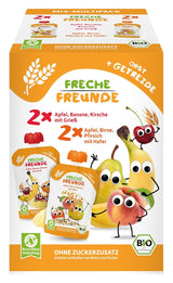 FRECHE FREUNDE Ekologisk blandning i multipack pressbar påse - Frukt + spannmål, Fruktpuré med flingor i en pressbar påse för bebisar från 6 månader, vegan, förpackning om 3, 3 x (4 x 100g)