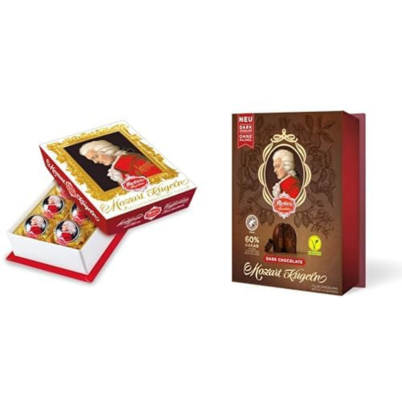 Duo Pack mörk choklad, barock Mozart och mörk choklad, äkta Mozartbollar, choklad med mörk choklad, marsipan, nougat, idealisk present, 6 stycken av varje sort, totalt 240g