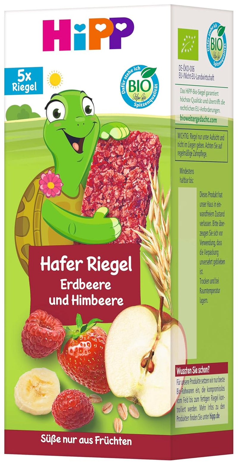 HiPP Turtle oat bars med jordgubbar och hallon, från 1 år, 8 x (5x20g)