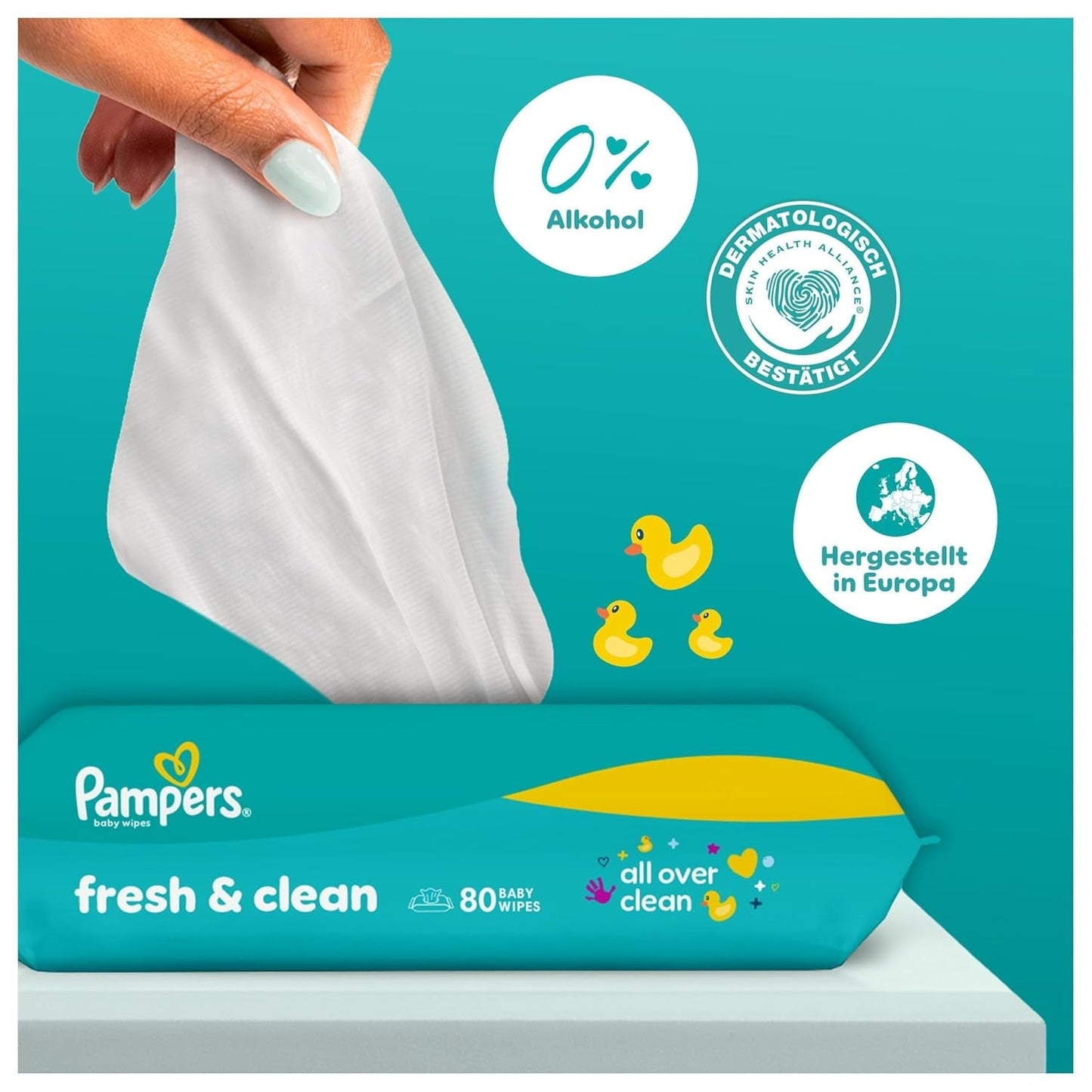 Pampers Fresh Clean våtservetter, 15 förpackningar med 80 våtservetter, 1200 våtservetter totalt, lätt doft, även lämplig för händer och ansikte