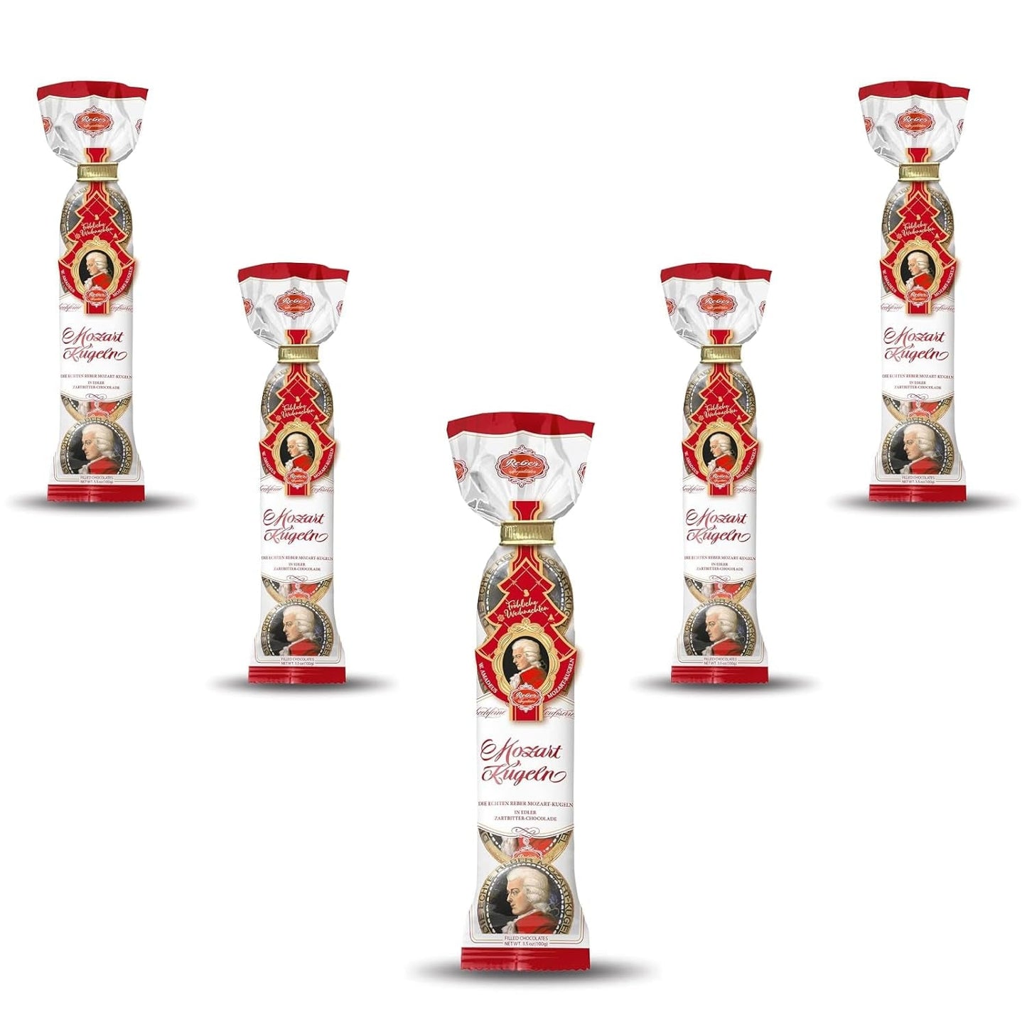 Reber Mozart-kulor - 5 påsar med 5 godis i julupplagan - Äkta Reber Mozart-kulor, gjorda av mörk choklad, marsipan och nougat