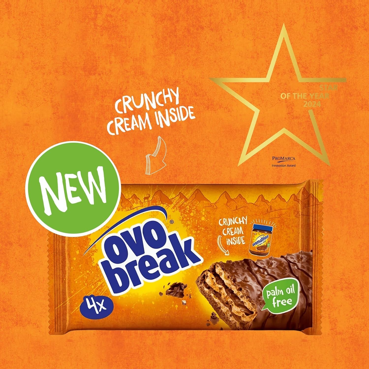 Ovomaltine OVO BREAK Wafer and Chocolate Bar - ett krispigt mellanmål med den omisskännliga smaken av vår populära Creme Crocante, naturligt utan palmolja (4 x 39g)