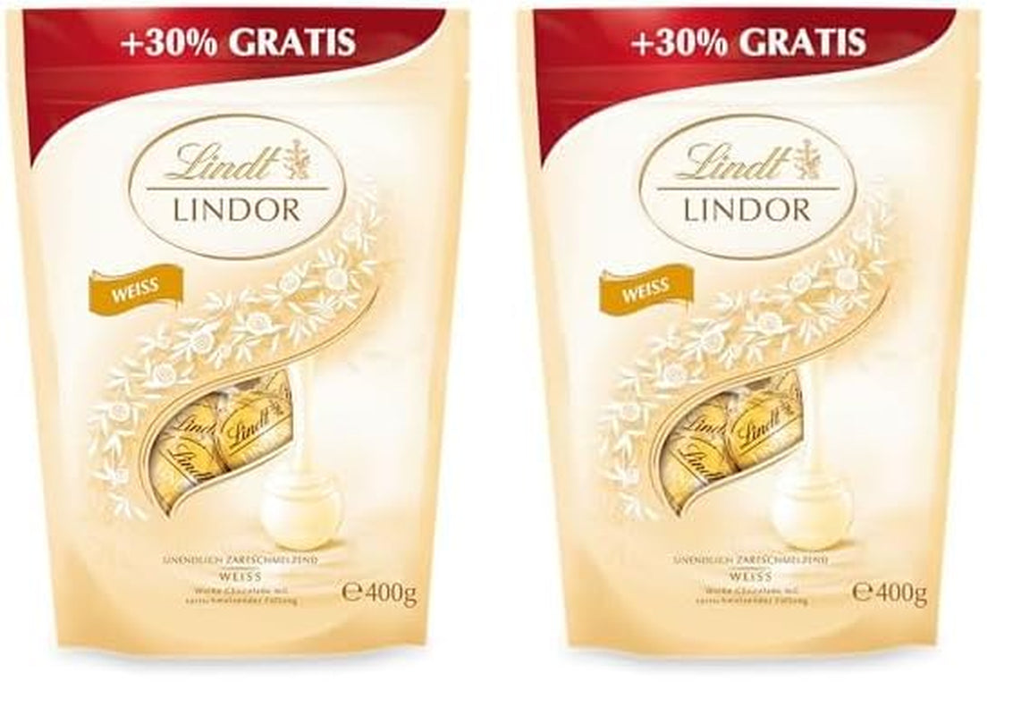 Lindor vita chokladbollar | 400g ca. 30 vita chokladbollar med smält-i-mun-fyllning | Gåva av choklad | Chokladpresent (paket med 2)