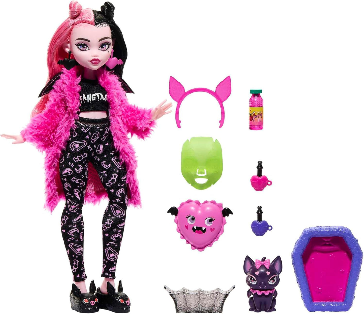 MONSTER HIGH Docka och pyjamasfesttillbehör Draculaura Fladdermusräkning Fabulous Doll Pet Creepover Party HPY66 Naty Shop Dolls