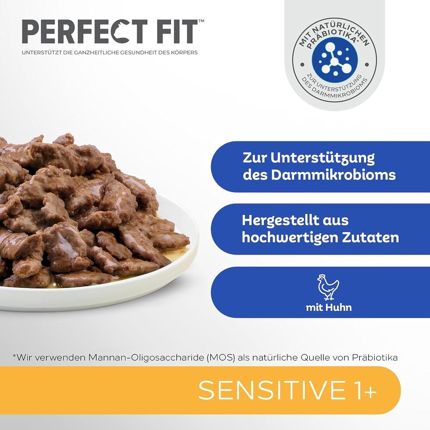 Våtfoder för katter Perfect Fit Sensitive 1+ med kyckling i sås, 12 påsar, 12 x 85g - Premium våtfoder för känsliga katter från 1 år, utan vete och soja, för att stödja matsmältningen