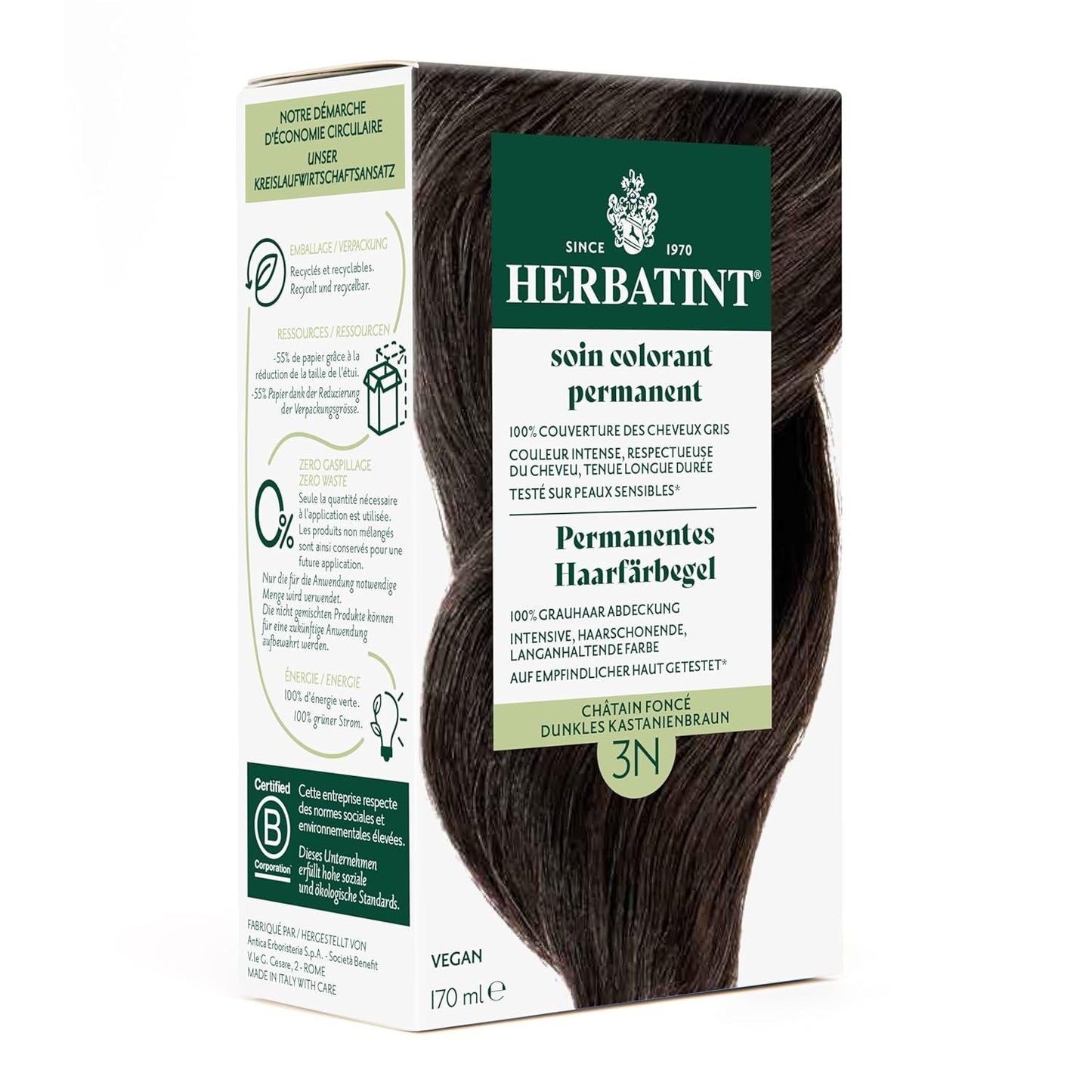 Permanent hårfärgningsgel 6N mörkblond - 170 ml I Ammoniakfri, 100 % täckning av grått hår I Testad på känslig hud, med 8 växtextrakt Hårfärgningsmedel Naty Shop 3N Mörk kastanj