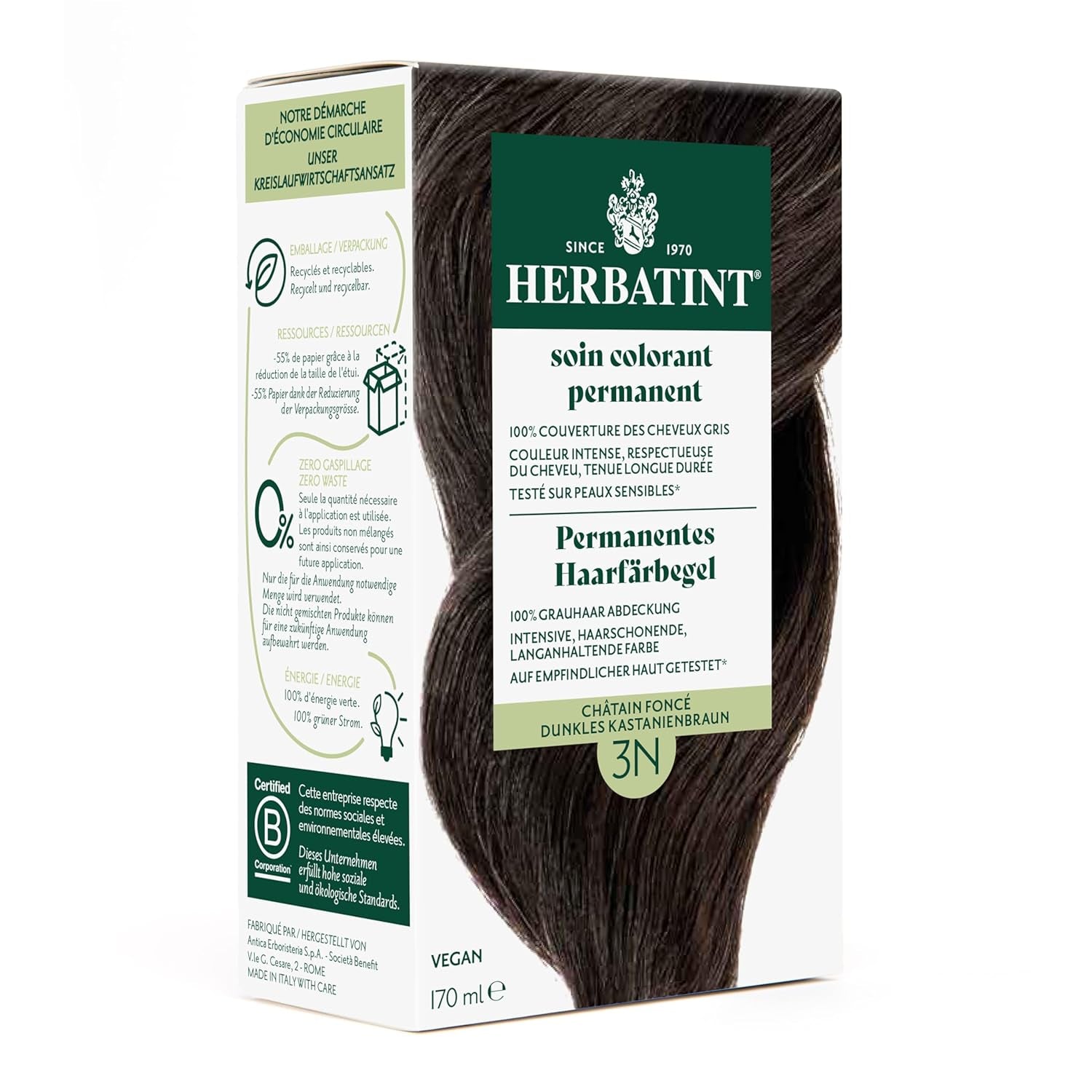 Permanent hårfärgningsgel 6N mörkblond - 170 ml I Ammoniakfri, 100 % täckning av grått hår I Testad på känslig hud, med 8 växtextrakt Hårfärgningsmedel Naty Shop 3N Mörk kastanj