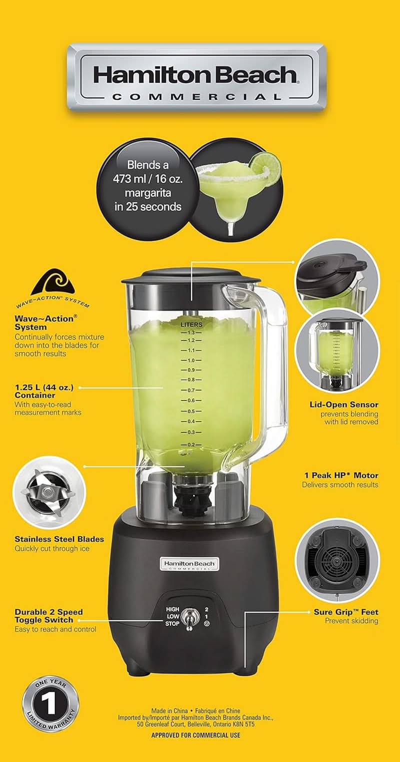 Hamilton Beach Commercial® 908®R Bar Mixer, HBB908R-CE, 1 HP, 1,3 L polykarbonatbehållare, 2 hastigheter, 220-240V, Black Kitchen Naty Shop