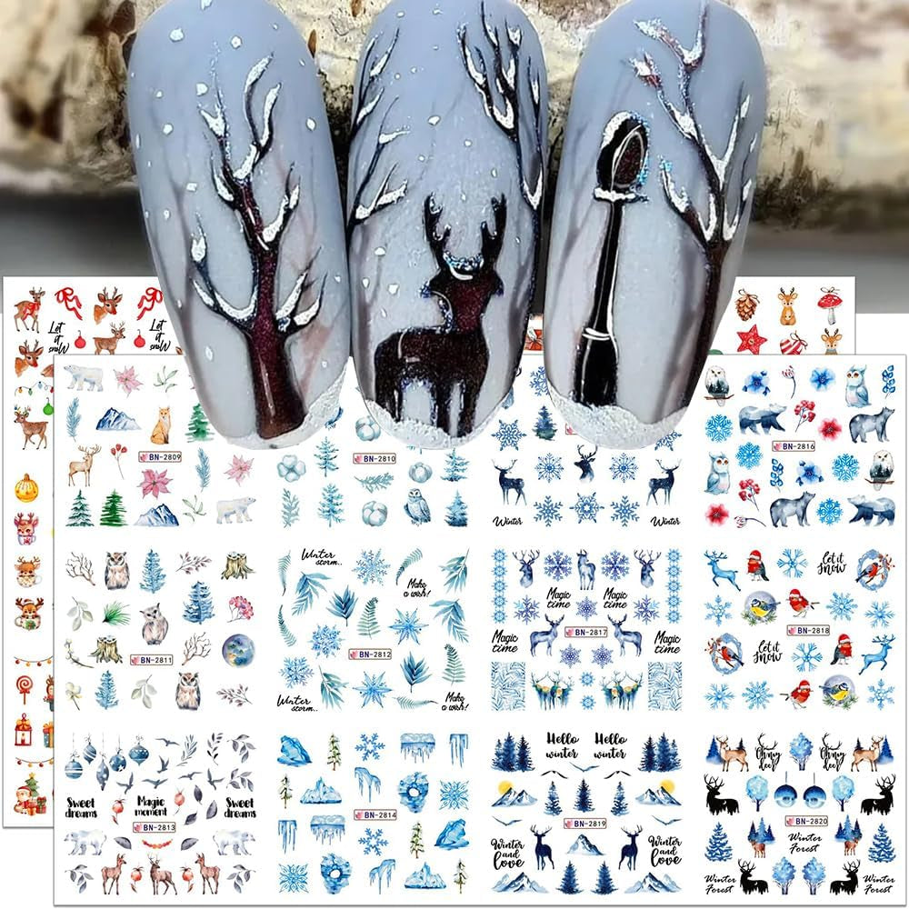 3D-julnagelklistermärken självhäftande vattenöverföring Julgran Snöflinga Älgpingvin Jul Nagelkonst Vinternageldesigner Julklistermärken Nageltillbehör