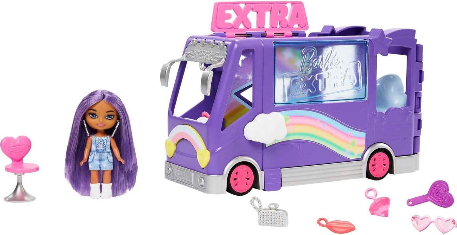 Barbie Extra Mini Mini Doll, Extra Mini Mini Doll med Extra Glitter Touring Van, inklusive Makeup Station och Showtillbehör, Barnpresent, Leksak för åldrarna 3 och uppåt, HKF84