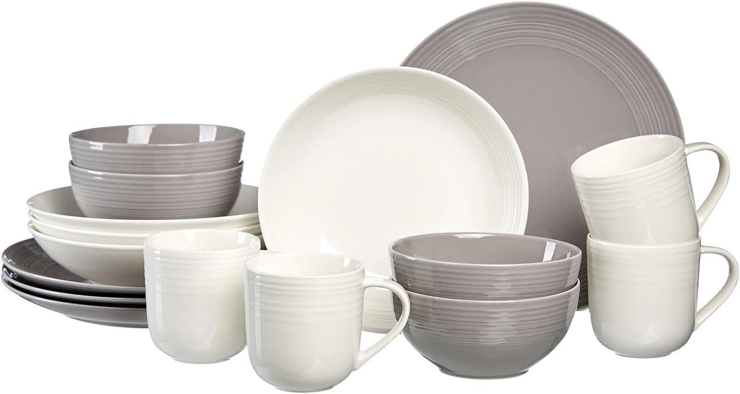 Ritzenhoff & Breker Levi 16-delat servisset, tallrikar, skålar och muggar för 4, skandinavisk design med finräfflad relief, mixa och matcha servis, porslin, vitt och grått