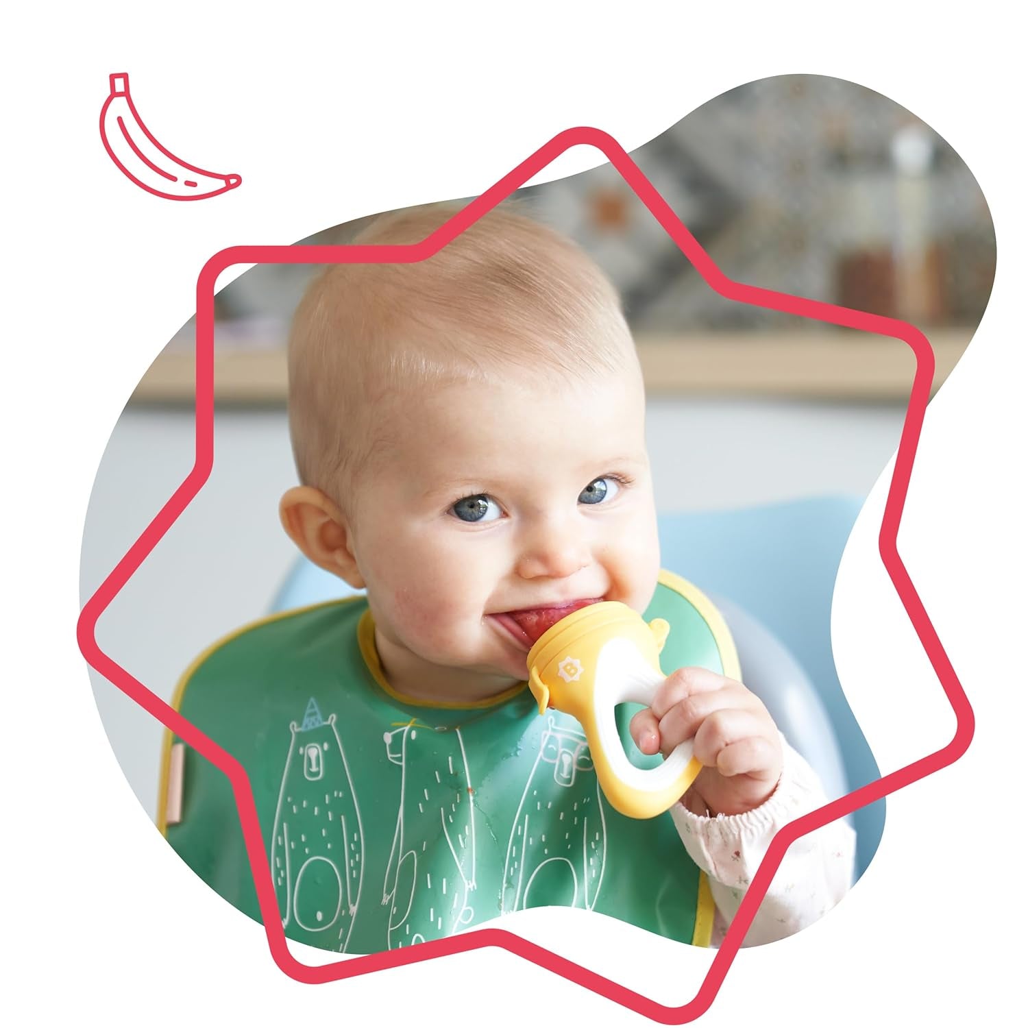 Badabulle barnmatare med skyddsöverdrag, ergonomiskt handtag, lugnar tandköttet och introducerar nya smaker, från 4 månader, BPA-fri