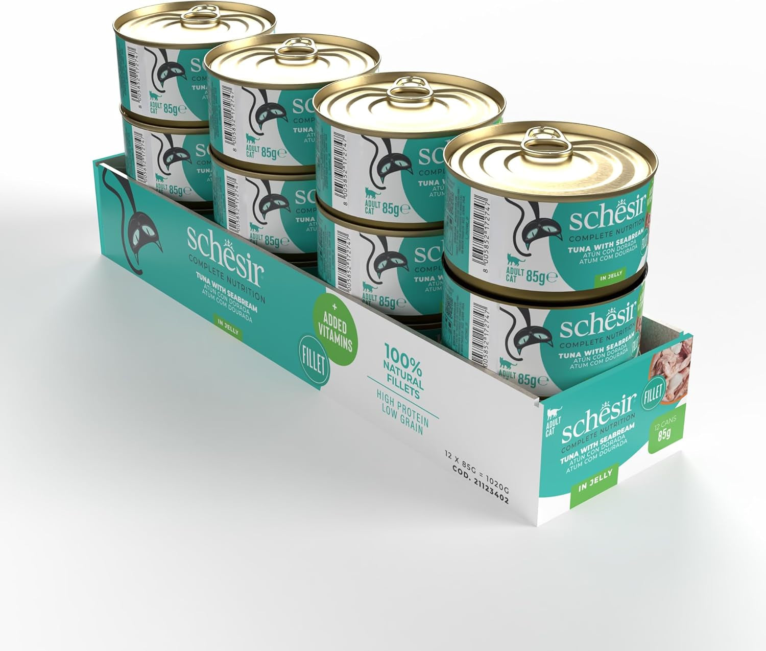 Tonfisk med gyllene gelé, blöt kattmat, konserverad, 100% naturlig, med tillsatta vitaminer, 12 x 85g