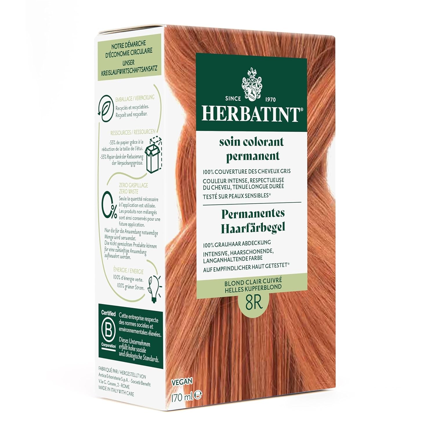 Permanent hårfärgsgel 6N mörkblond - 170 ml I ammoniakfri, 100 % grå hårtäckning Jag testade på känslig hud, med 8 växtextrakt Naty Shop Hårfärgning 8R ljus kopparblond