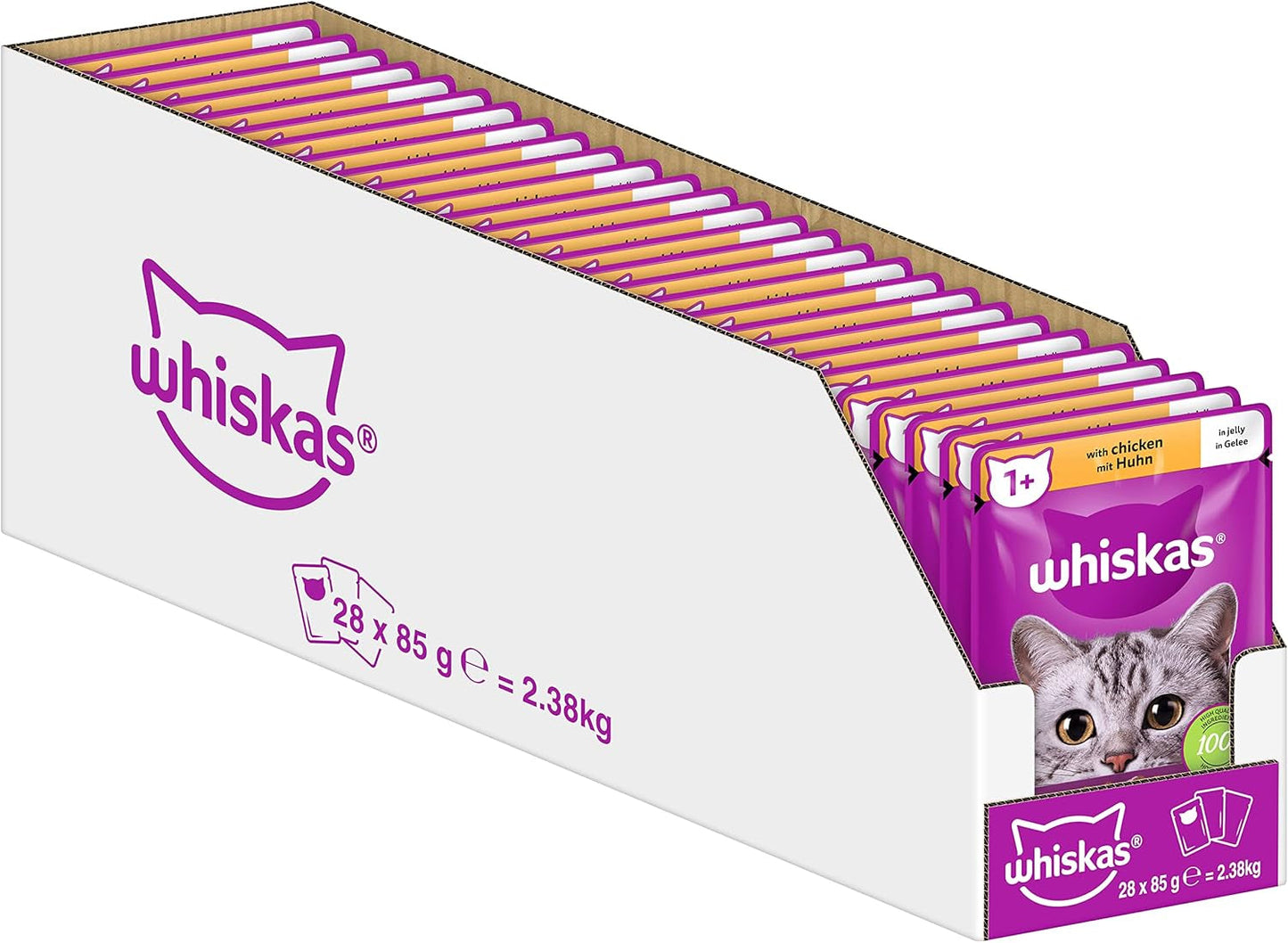 Whiskas 1+ våtfoder för katter med kyckling i gelé, 28x85g (1 förpackning) - Högkvalitativt våtfoder för vuxna katter i 28 portionspåsar